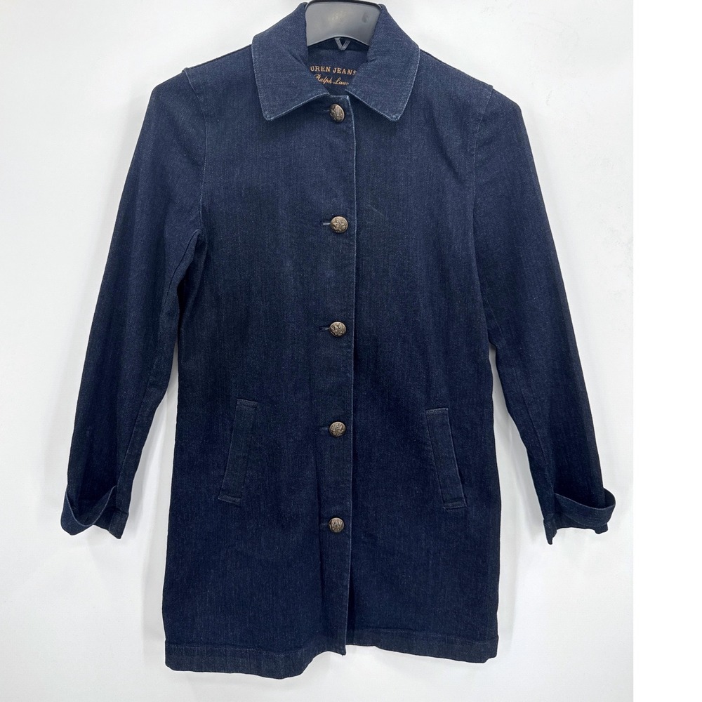 Lauren Ralph Lauren Womens Denim Car Coat S Navy Eagle Crest Button Long Jacket